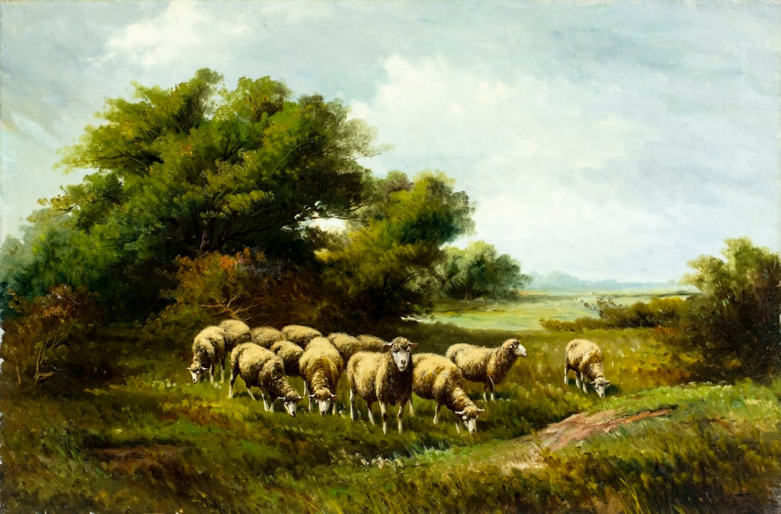 Vitollo (US,early 20C) oil painting antique: ARTIST: Vitollo (American, early 20 century) TITLE: Countryside Landscape with Flock of Sheep MEDIUM: oil on canvas CONDITION: One patch. Minor paint losses. Very minor craq