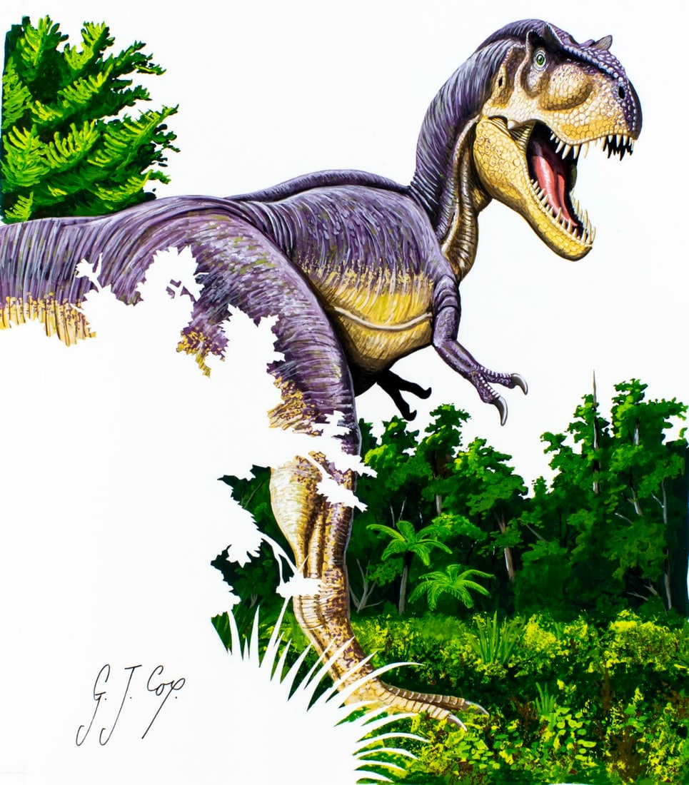 Geoffrey Cox (New Zealand,b 1952) gouache painting: ARTIST: Geoffrey Cox (New Zealand, born 1952) TITLE: Dinosaurs - Daspletosaurus (titled on verso) YEAR: 1997 MEDIUM: gouache on heavy paper CONDITION: Ve