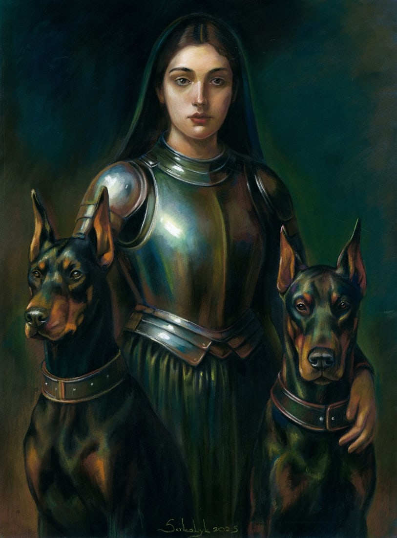 Vira Sokolyk (Ukraine,b 1999) pastel painting: ARTIST: Vira Sokolyk (Ukrainian, born 1999) TITLE: Knight Woman with Dobermans MEDIUM: pastel on heavy paper CONDITION: Few minor scratches along egdes. ART SIZE:
