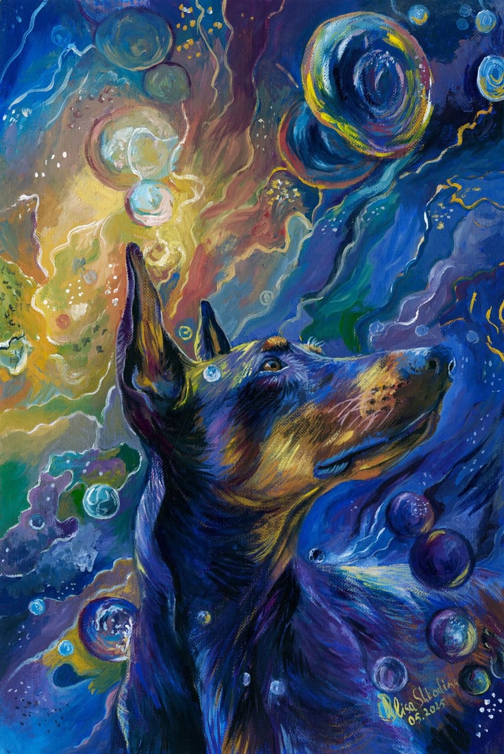 Alisa Shkodina (Ukraine,b 1992) gouache painting: ARTIST: Alisa Shkodina (Ukrainian, born 1992) TITLE: Doberman Dog MEDIUM: gouache on heavy paper CONDITION: Very good. ART SIZE: 12 x 8 inches / 30 x 20