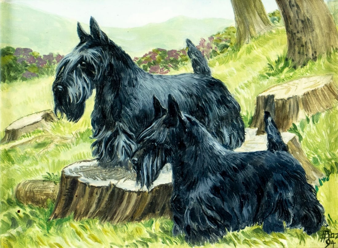 Vintage 20C American oil painting signed: ARTIST: - (American, 20 century) TITLE: Scottish Terrier Dog YEAR: 1994 MEDIUM: oil on canvas board CONDITION: Overall good. No visible inpaint under U
