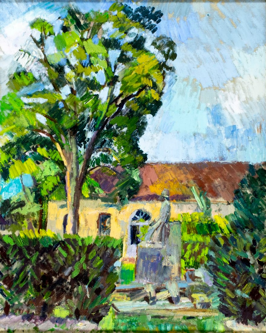 Vintage 20C Canadian oil painting signed: ARTIST: - (Canada, 20 century) TITLE: Town Scene with Statue MEDIUM: oil on canvas CONDITION: Overall good. No visible inpaint under UV light. Wear to frame. AR