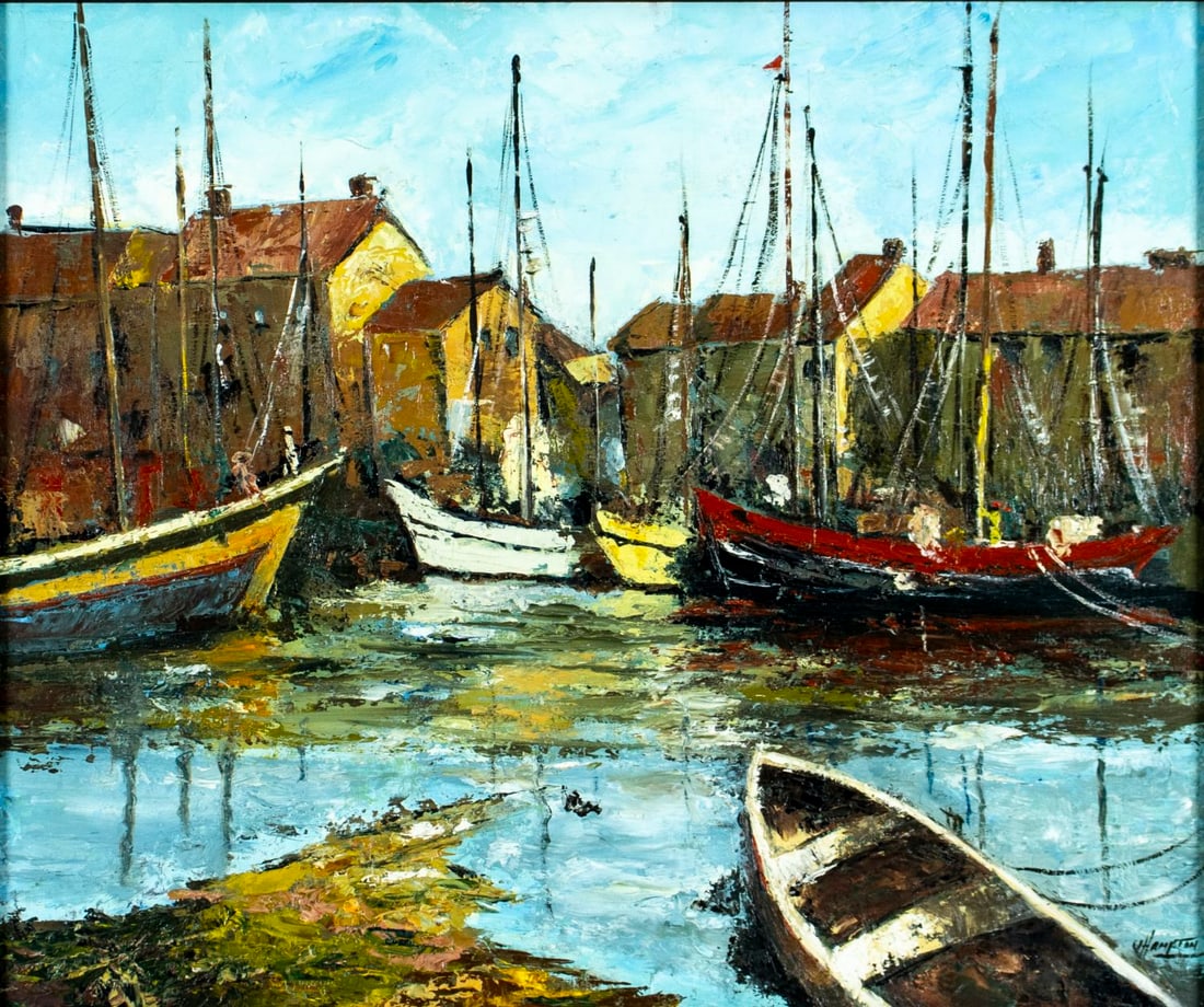 Jeanette Hampton (FL,20C) oil painting: ARTIST: Jeanette Hampton (Florida, 20 century) TITLE: European Harbor Scene MEDIUM: oil on camvas board CONDITION: Very good. No visible inpaint under UV light. Wear to fram