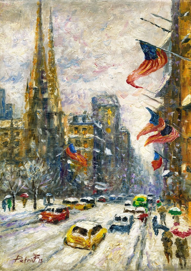 Zoriana Petriv (Ukraine,b 1994) oil painting: ARTIST: Zoriana Petriv (Ukrainian, born 1994) TITLE: New York Cityscape - Midtown in Winter, NYC (titled on verso) YEAR: 2015 MEDIUM: oil on canvas CONDITION: