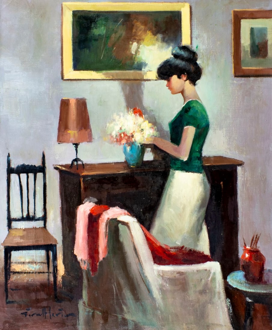 Joan Giralt Lerin (Spain,1907-?) oil painting: ARTIST: Joan Giralt Lerin (Spanish, 1907 - ???) TITLE: Woman Arranging Flowers MEDIUM: oil on canvas CONDITION: Unstretched (In-House stretching available). Minor paint lo