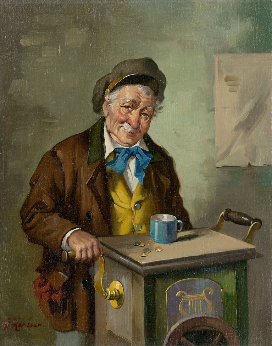 Hans Kerber (Austria,1920-?) oil painting: ARTIST: Hans Kerber (Austrian, 1920 - ???) TITLE: Old Organ Gringer MEDIUM: oil on canvas CONDITION: Unstretched (In-House stretching available). Few minor paint losses. M