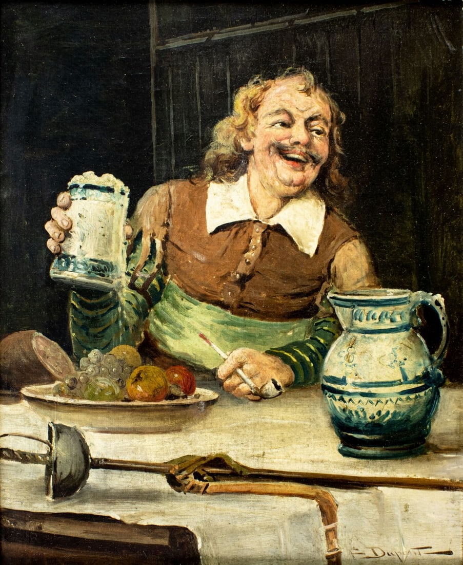 F Dupont (France,early 20C) oil painting antique: ARTIST: F Dupont (French, early 20 century) TITLE: His Hearts Desire MEDIUM: oil on canvas CONDITION: Two repaired punctures. Few small paint losses. Some craquelure. Few sc
