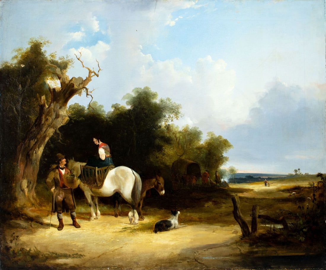 Antique 19C British oil painting: ARTIST: - (United Kingdom, 19 century) TITLE: Outdoor Scene MEDIUM: oil on canvas CONDITION: Relined. Two patches with corresponding paint losses. Some scattered inpaintin
