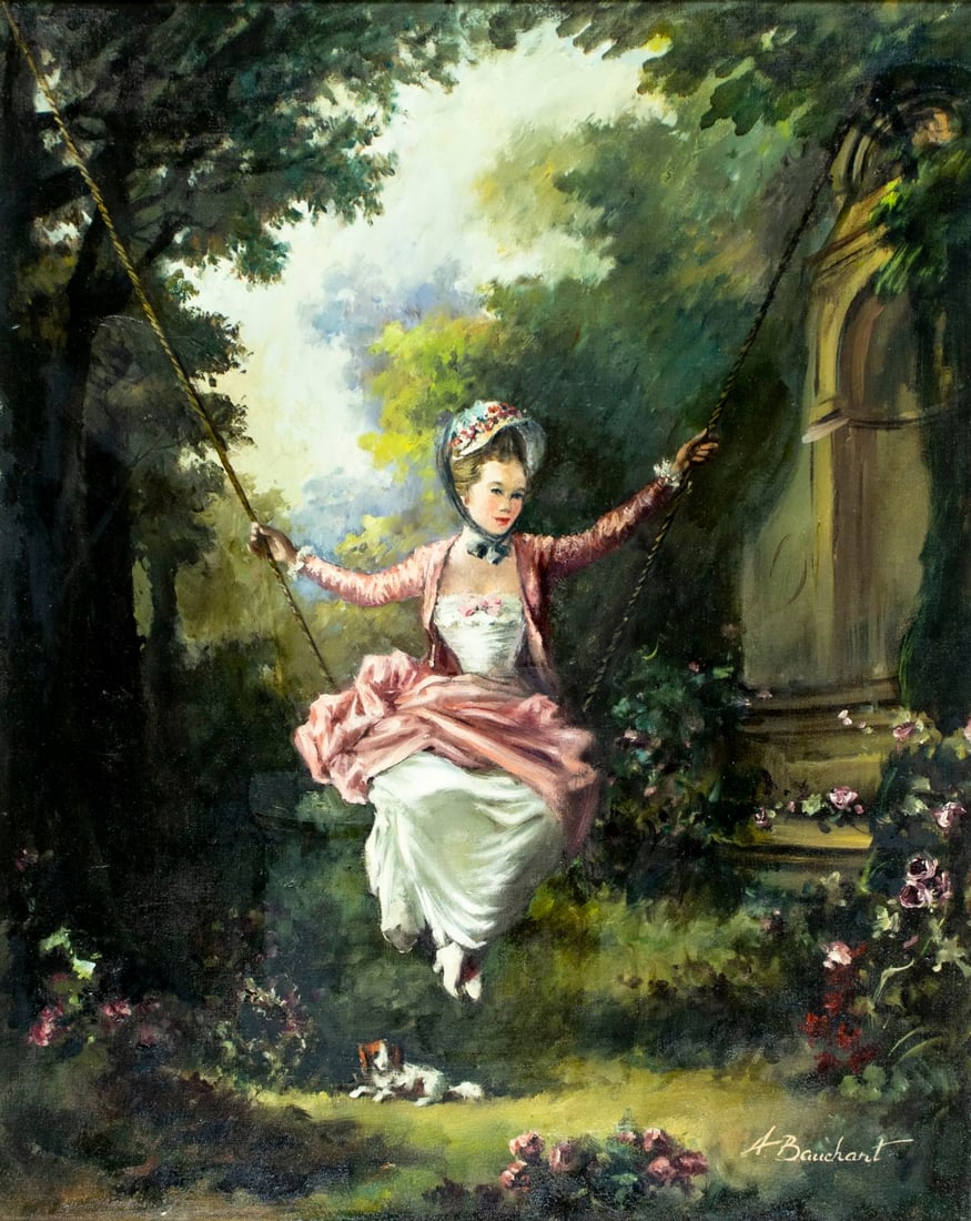 A Bauchant (20C) oil painting: ARTIST: A Bauchant (20 century) TITLE: Lady on Swing MEDIUM: oil on canvas CONDITION: Overall good. No visible inpaint under UV light. Some damages to frame. ART