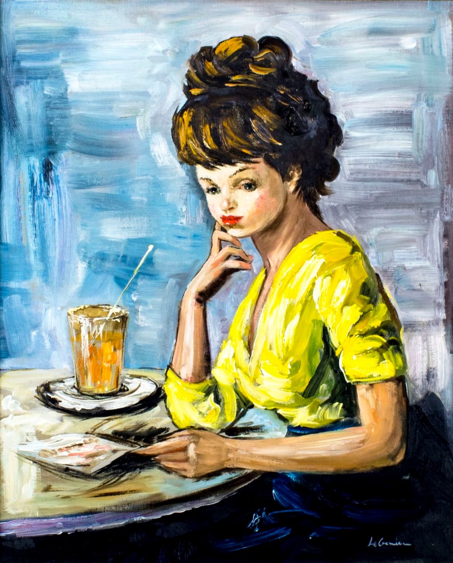 Vintage 20C French oil painting signed: ARTIST: - (France, 20 century) TITLE: Woman at Table MEDIUM: oil on canvas CONDITION: Very good. No visible inpaint under UV light. ART SIZE: 24 x 20 in
