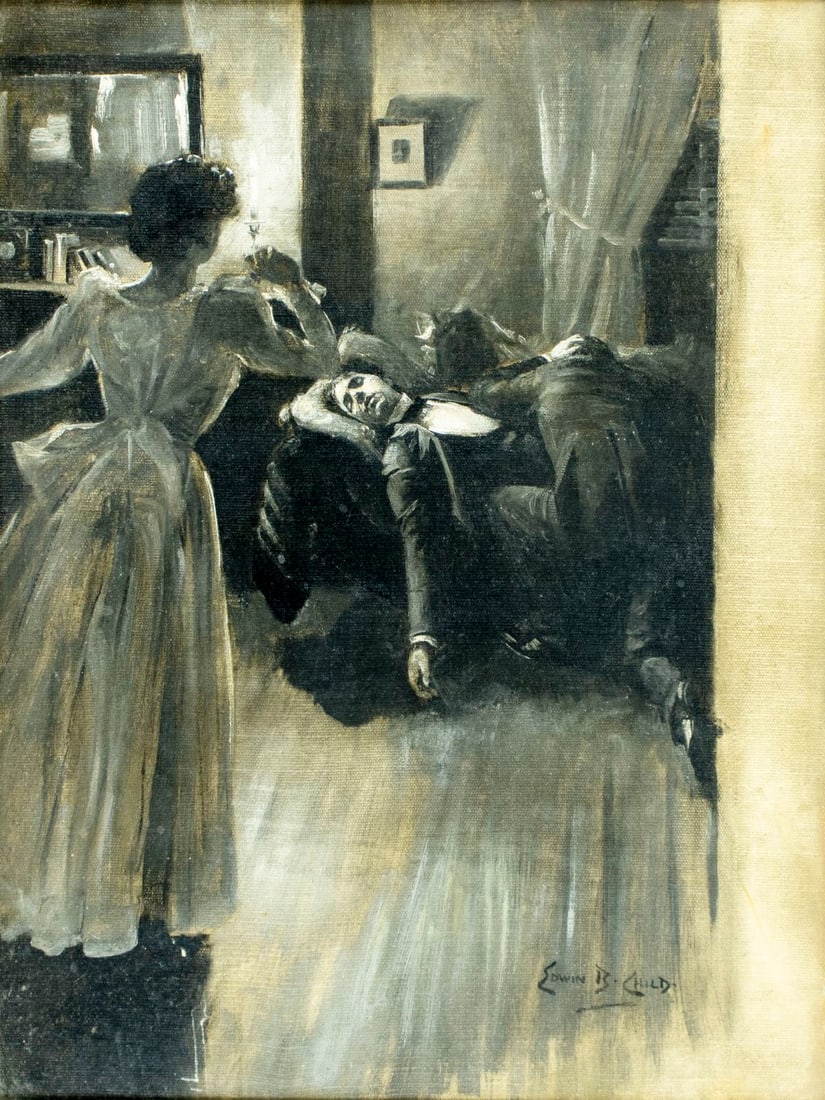 Edwin Burrage Child (NY,1868-1937) oil painting antique: ARTIST: Edwin Burrage Child (New York, 1868 - 1937) TITLE: Interior Scene MEDIUM: oil on canvas CONDITION: Relined. Some scratches/paint losses mostly in the lower left qu