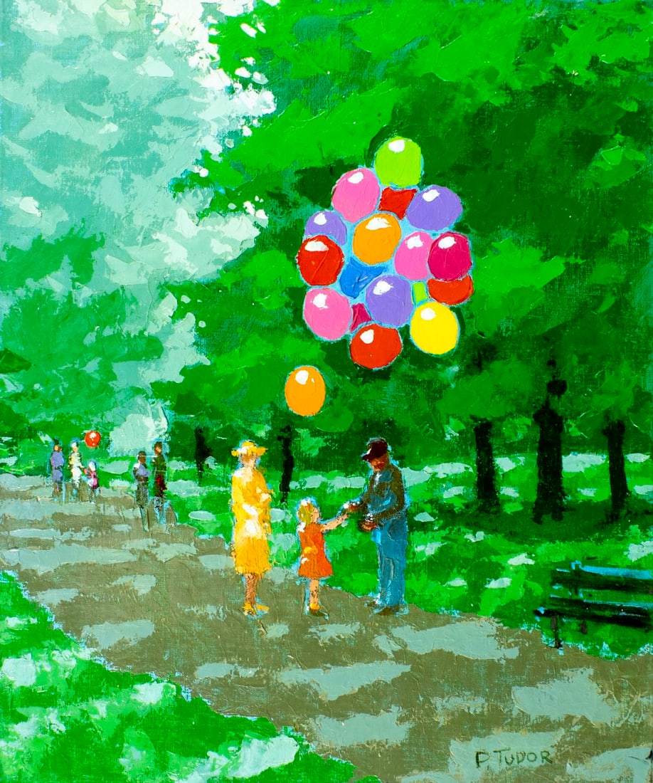 Paul Tudor (20C) oil painting: ARTIST: Paul Tudor (20 century) TITLE: Balloon Seller MEDIUM: oil on canvas CONDITION: Unstretched (In-House stretching available). Minor paint losses. No visible inpaint un