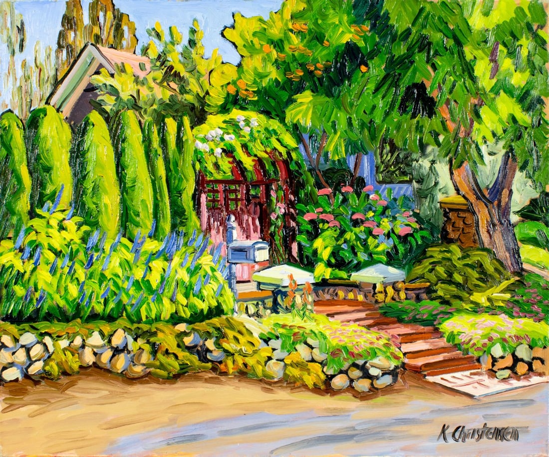 Ken Christensen (MI,CA,OH,b 1951) oil painting: ARTIST: Ken Christensen (Michigan, California, Ohio, born 1951) TITLE: The Welcoming Gate (titled on verso) MEDIUM: oil on canvas CONDITION: Overall good. No visible inpaint