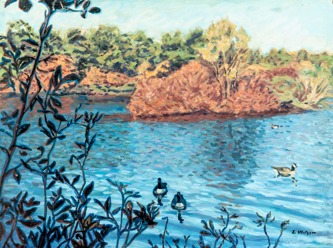 Evelyn Metzger (NY,Brazil,1911-2007) oil painting: ARTIST: Evelyn Borchard Metzger (New York, Brazilian, 1911 - 2007) TITLE: Lake Landscape with Ducks MEDIUM: oil on board CONDITION: Minor paint losses. No visible inpaint