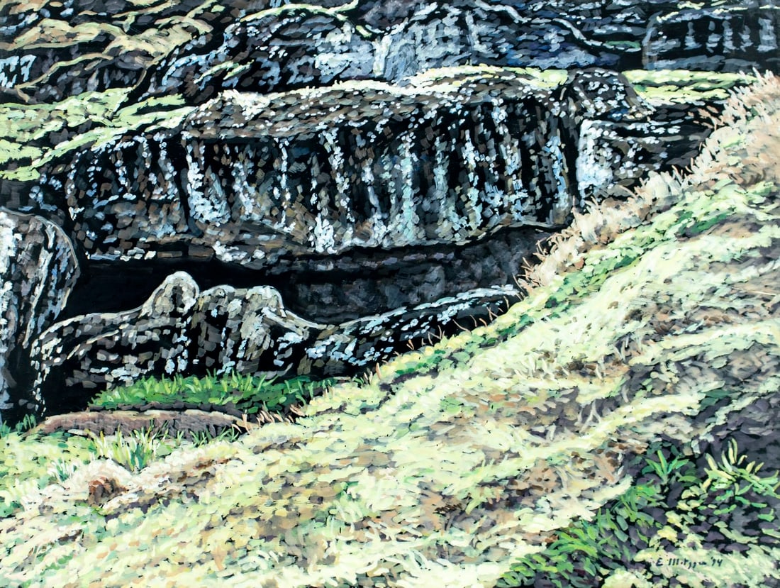Evelyn Metzger (NY,Brazil,1911-2007) oil painting: ARTIST: Evelyn Borchard Metzger (New York, Brazilian, 1911 - 2007) TITLE: Moai in Quarry, Easter Island (titled on verso) YEAR: 1994 MEDIUM: oil on board CONDIT
