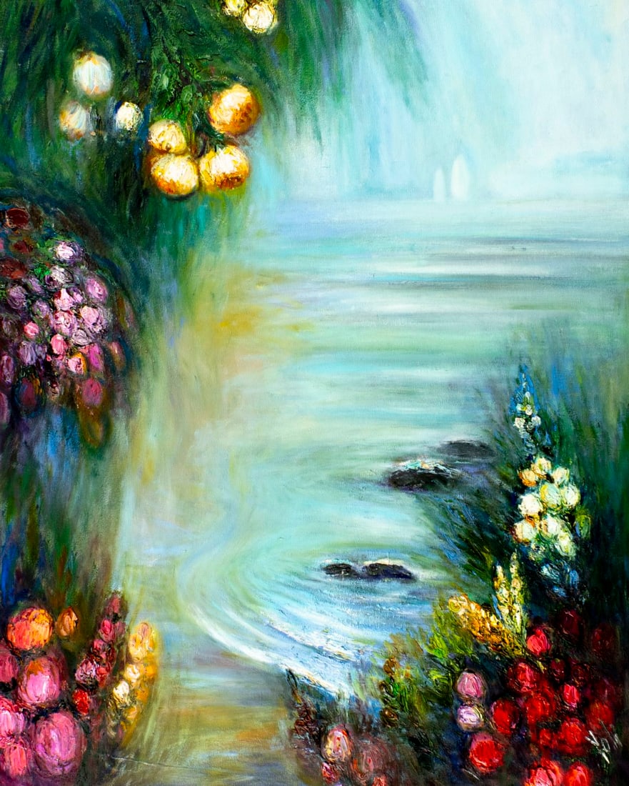 Yolanda Razzeto (Peru,1948-?) oil painting: ARTIST: Yolanda Razzeto (Peruvian, 1948 - ???) TITLE: Garden River Landscape MEDIUM: oil on canvas CONDITION: Unstretched (In-House stretching available). Missing a few fl