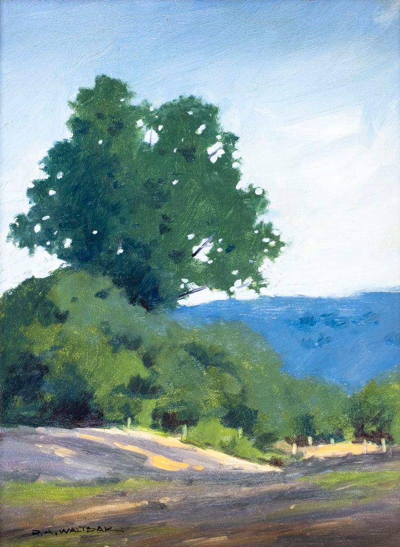 Robert Waltsak (NJ,b 1944) oil painting: ARTIST: Robert Alan Waltsak (New Jersey, born 1944) TITLE: Countryside Landscape MEDIUM: oil on board CONDITION: Few minor paint losses. No visible inpaint under UV light. M