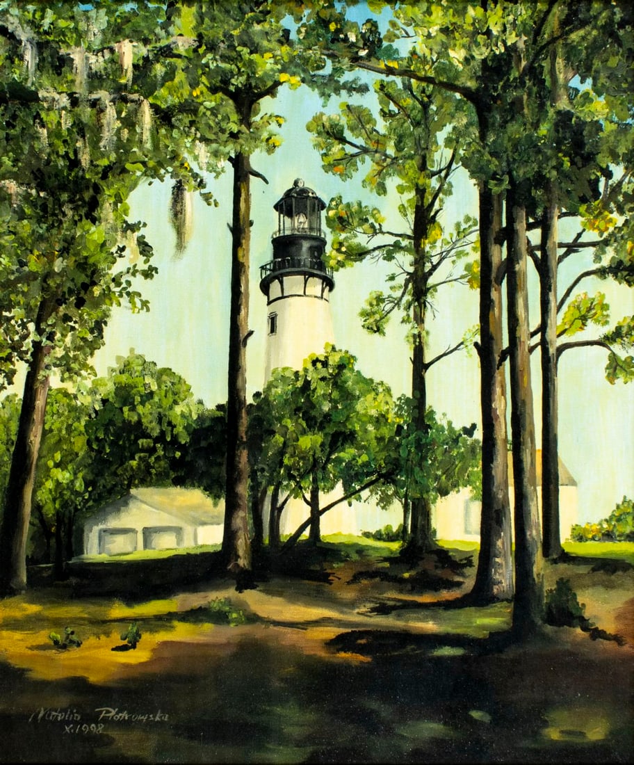 Natalia Piotrowska (US,20C) oil painting: ARTIST: Natalia Piotrowska (American, 20 century) TITLE: Lighthouse Landscape YEAR: 1998 MEDIUM: oil on canvas CONDITION: Overall good. No visible inpain