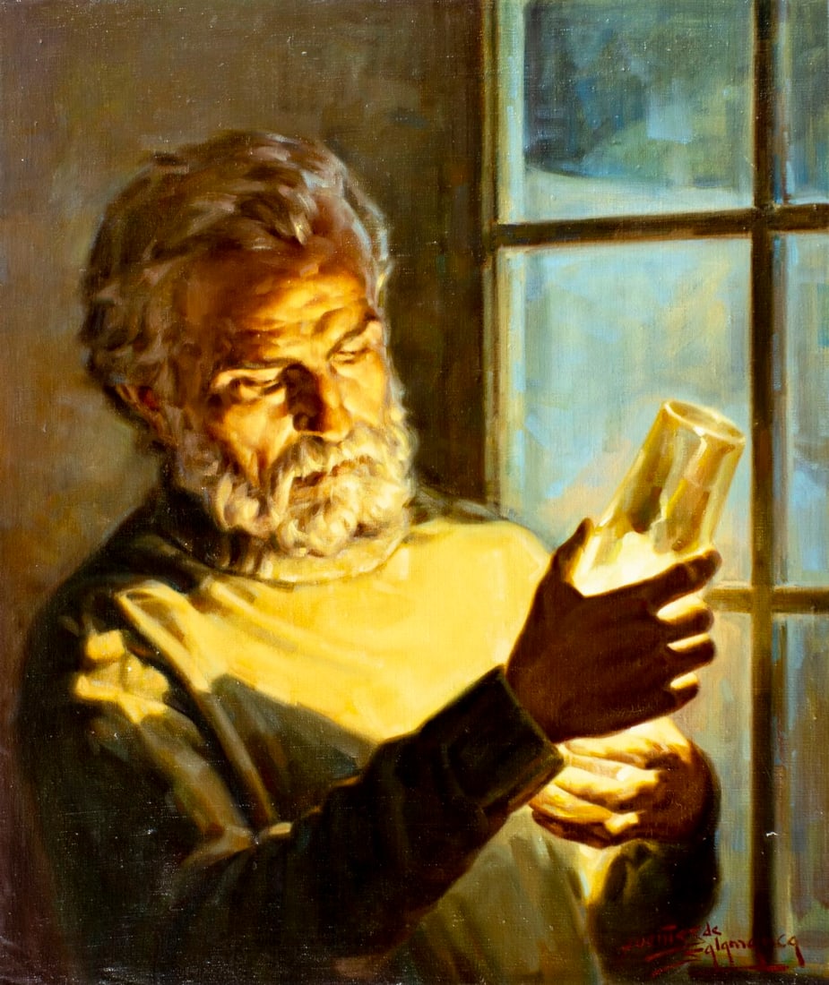 Jose Fuentes de Salamanca (Spain,1934-?) oil painting: ARTIST: Jose Fuentes de Salamanca (Spanish, 1934 - ???) TITLE: Man with Lamp MEDIUM: oil on canvas CONDITION: Unstretched (In-House stretching available). Few minor paint