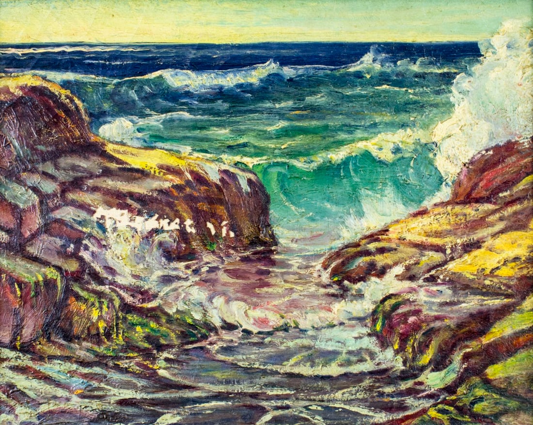 William Green (NY,CT,1871-1945) oil painting antique: ARTIST: William Bradford Green (New York, Connecticut, 1871 - 1945) NAME: Atlantic Coast (titled on verso) YEAR: 1932 MEDIUM: oil on canvas CONDITION: Some paint losses.