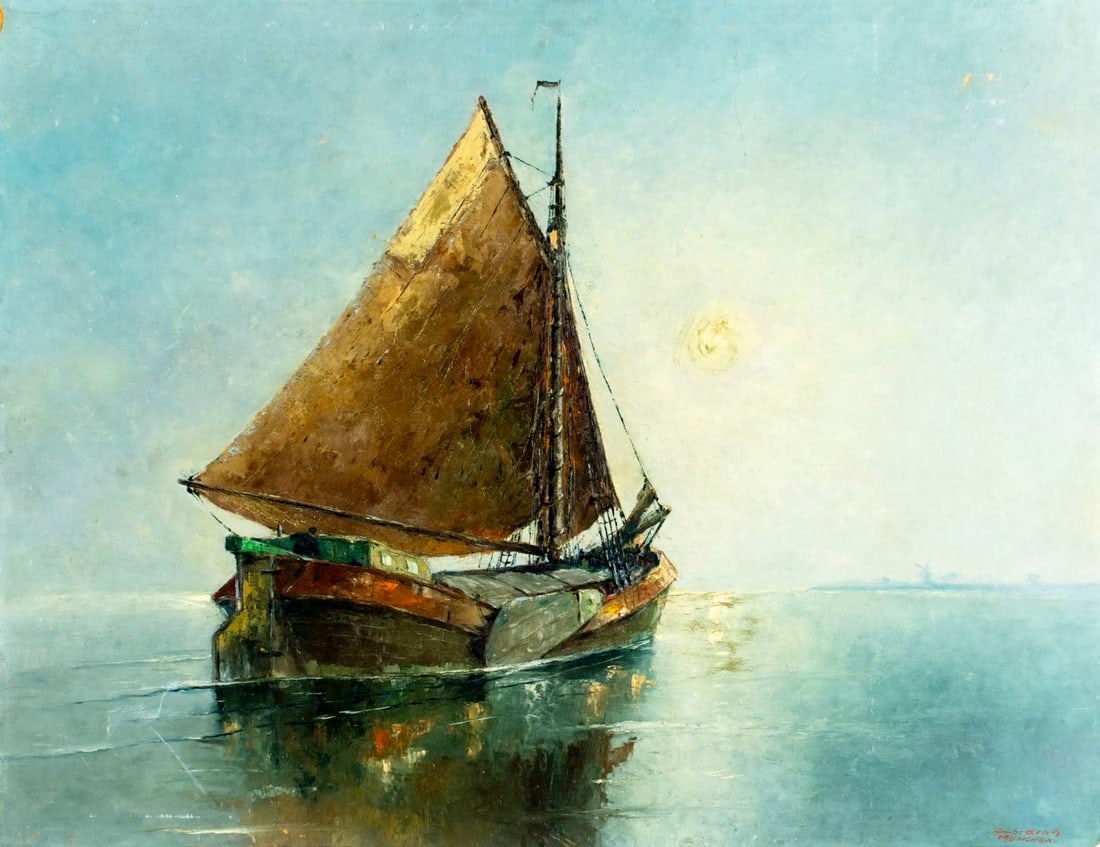 Franz Ambrasath (US,Germany,1889-1974) oil painting: ARTIST: Franz Ambrasath (American, German, 1889 - 1974) TITLE: Sailboat MEDIUM: oil on board CONDITION: Some damages to edges and corners. Some scratches/paint losses. Som