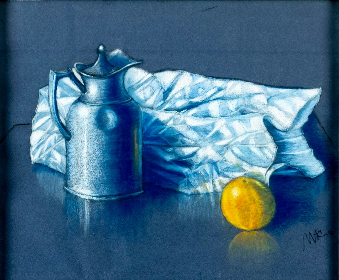 Mac (US,20/21C) pastel painting: ARTIST: Mac (American, 20/21 centuries) TITLE: Still Life with Jug and Orange YEAR: 2000 MEDIUM: pastel on paper CONDITION: Overall good. Framed under gl