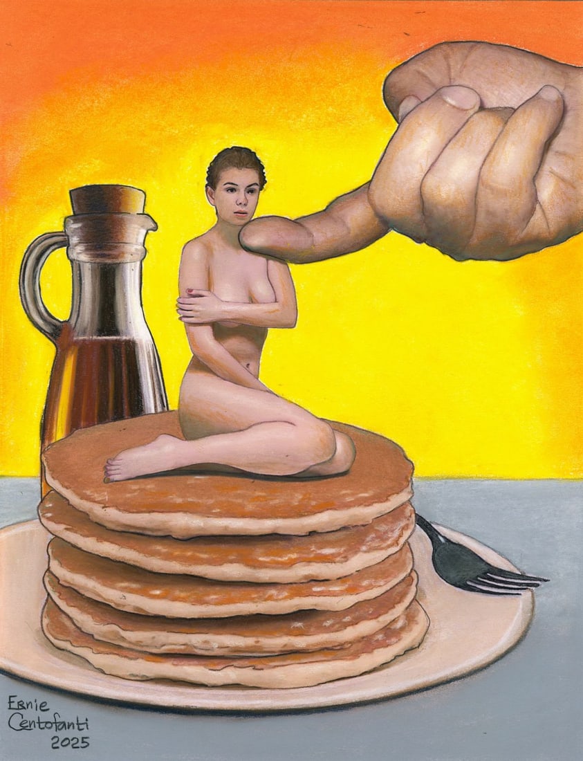 Ernie Centofanti (CA,b 1956) pastel painting: ARTIST: Ernie Centofanti (California, born 1956) TITLE: Nude - His Little Syrup Consultant MEDIUM: pastel on paper CONDITION: Overall good. ART SIZE: 13