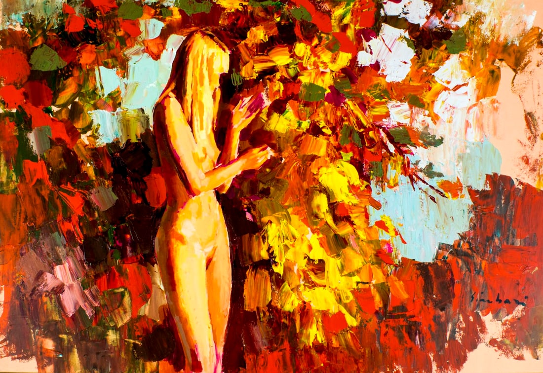 Nicola Simbari (Italy,1927-2012) oil painting: ARTIST: Nicola Simbari (Italian, 1927 - 2012) NAME: Nude MEDIUM: oil on canvas CONDITION: Very good. No visible inpaint under UV light. SIGHT SIZE: 27 x 39 inches / 68 x 99 cm