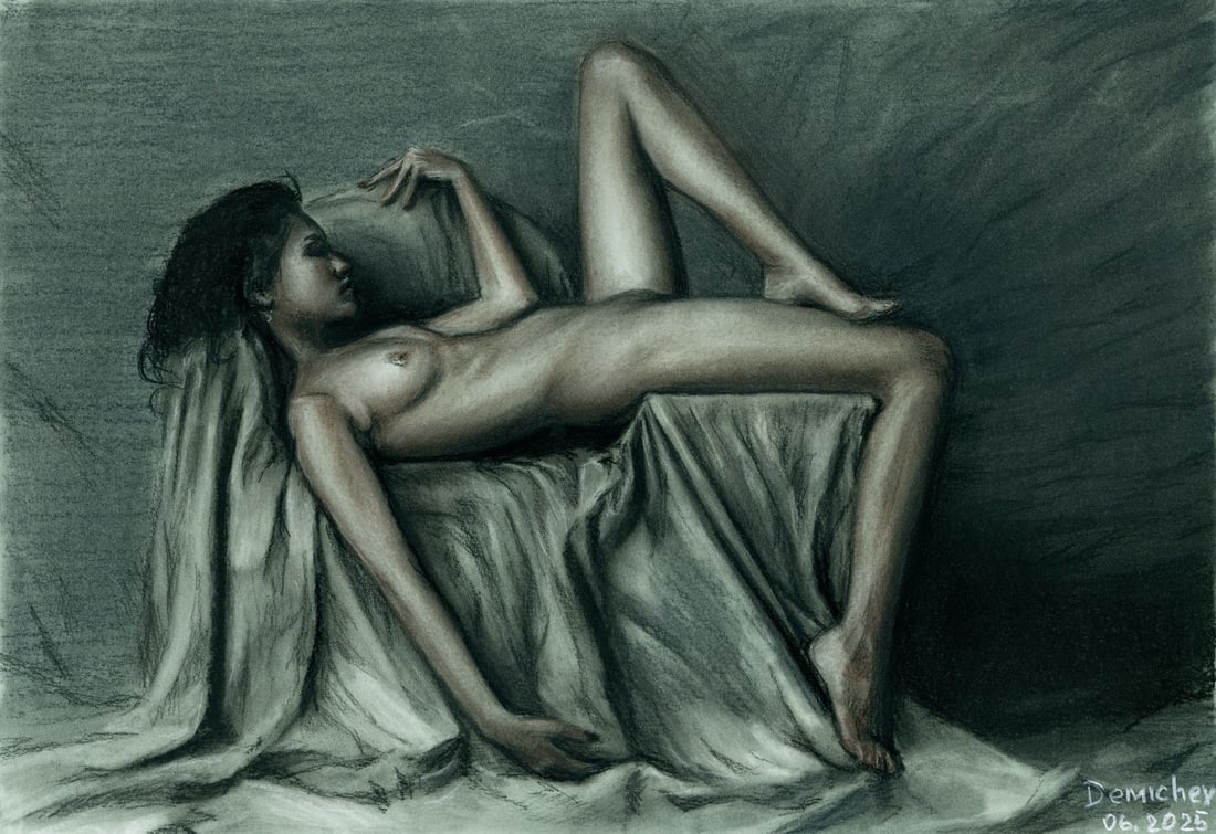 Oleksandr Demichev (Ukraine,20/21C) pastel painting: ARTIST: Oleksandr Demichev (Ukrainian, 20/21 centuries) TITLE: Nude MEDIUM: pastel on heavy paper CONDITION: Some small damages to the left corners. ART SIZE: