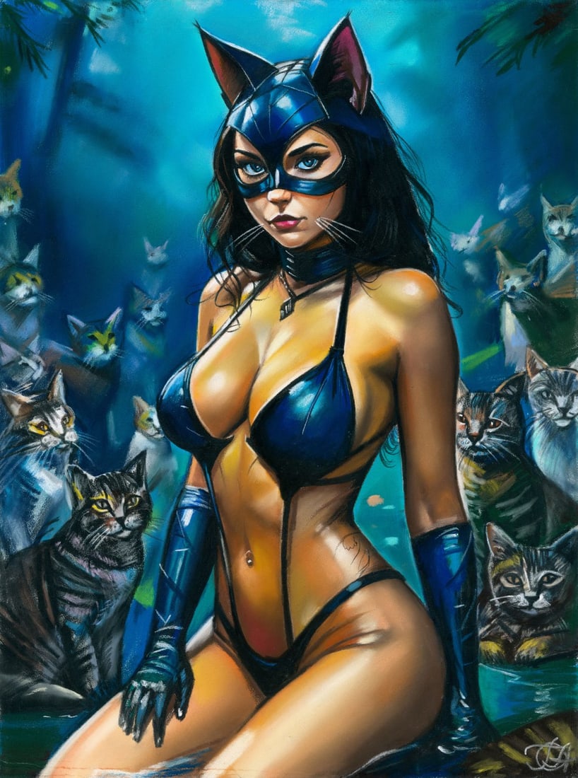 Genadiy Achkasov (Ukraine,b 1965) pastel painting: ARTIST: Genadiy Achkasov (Ukrainian, born 1965) TITLE: Nude - Catwoman MEDIUM: pastel on heavy paper CONDITION: Few minor scratches along edges. ART SIZE: