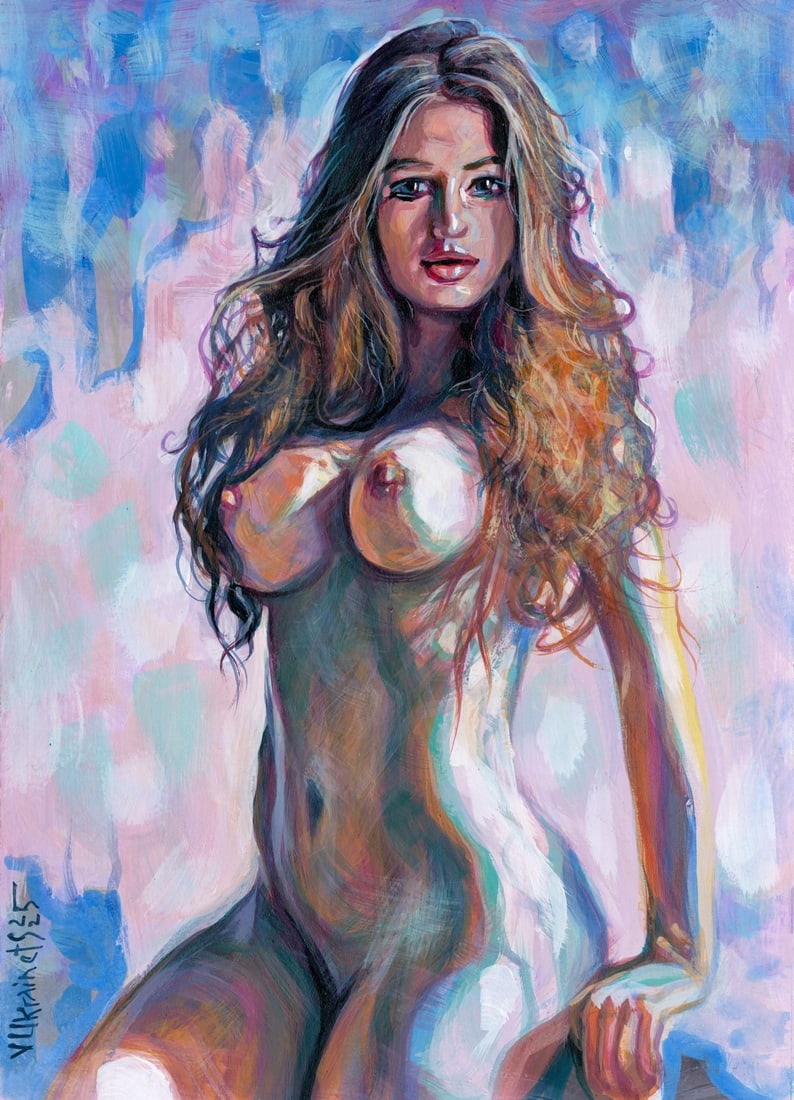 Valentin Ukrainets (Ukraine,b 1965) acrylic painting: ARTIST: Valentin Ukrainets (Ukrainian, born 1965) TITLE: Nude - A Beautiful Young Woman with Striking Red Hair (titled on verso) MEDIUM: acrylic on heavy paper CONDITION: V