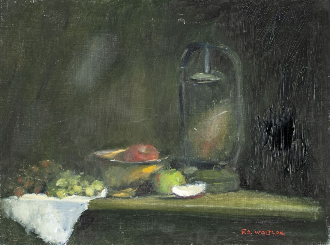 Robert Waltsak (NJ,b 1944) oil painting: ARTIST: Robert Alan Waltsak (New Jersey, born 1944) TITLE: Still Life with Lamp and Fruit MEDIUM: oil on canvas CONDITION: Some scratches/paint losses. No visible inpaint un