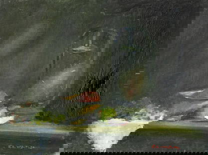 Robert Waltsak (NJ,b 1944) oil painting: ARTIST: Robert Alan Waltsak (New Jersey, born 1944) TITLE: Still Life with Lamp and Fruit MEDIUM: oil on canvas CONDITION: Some scratches/paint losses. No visible inpaint under UV light. Normal wear