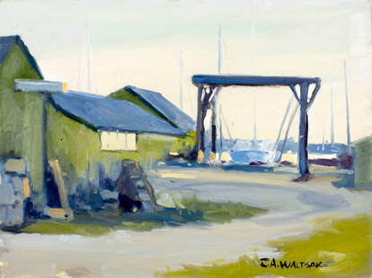 Robert Waltsak (NJ,b 1944) oil painting: ARTIST: Robert Alan Waltsak (New Jersey, born 1944) TITLE: Boatyard Scene MEDIUM: oil on board CONDITION: Overall good. No visible inpaint under UV light. ART SIZE: 12 x 16 inches / 30 x 40 cm FRAME