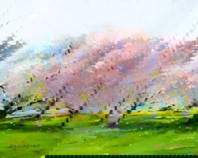 Robert Waltsak (NJ,b 1944) oil painting: ARTIST: Robert Alan Waltsak (New Jersey, born 1944) TITLE: Landscape with Blooming Trees MEDIUM: oil on board CONDITION: Few minor scratches/paint losses. No visible inpaint under UV light. ART SIZE: