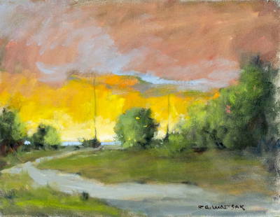 Robert Waltsak (NJ,b 1944) oil painting: ARTIST: Robert Alan Waltsak (New Jersey, born 1944) TITLE: Sunset Coastal Landscape YEAR: 2017 MEDIUM: oil on canvas CONDITION: Very good. No visible inpaint under UV light. Normal wear along edges.