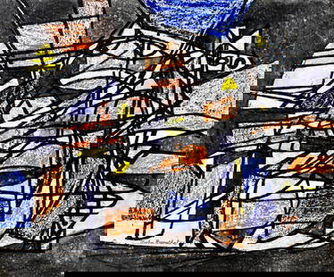 Martin Rosenthal (NY,MA,1899-1974) mixed media painting: ARTIST: Martin Rosenthal (New York, Massachusetts, 1899 - 1974) TITLE: Abstract Composition YEAR: 1965 MEDIUM: mixed media on heavy paper CONDITION: Very good. ART SIZE: 14 x 17 inches / 35 x 43 cm