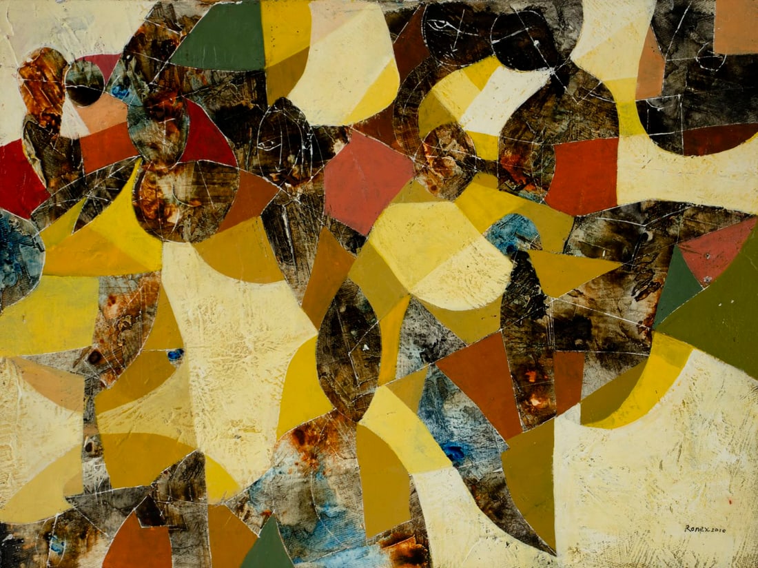 Ronex Ahimbisibwe (Uganda,b 1977) acrylic painting: ARTIST: Ronex Ahimbisibwe (Uganda, born 1977) TITLE: Abstract Composition YEAR: 2010 MEDIUM: acrylic on canvas CONDITION: Two nail holes by the right edg