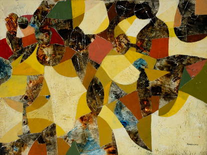 Ronex Ahimbisibwe (Uganda,b 1977) acrylic painting: ARTIST: Ronex Ahimbisibwe (Uganda, born 1977) TITLE: Abstract Composition YEAR: 2010 MEDIUM: acrylic on canvas CONDITION: Two nail holes by the right edge. Few small paint losses. No visible inpaint