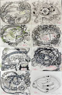 Julie Ross (FL,1965-2021) 8 watercolor paintings: ARTIST: Julie Ross (Florida, 1965 - 2021) TITLE: 8 Abstract Compositions YEAR: 2021 MEDIUM: watercolor on paper CONDITION: Three of them are in very good condition. One of them has two small tears