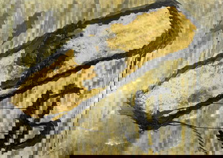 Pios Rodaman (FL,Brazil,b 1953) mixed media painting: ARTIST: Pios Rodaman (Florida, Brazilian, born 1953) TITLE: Abstract Composition with Dollar Bill YEAR: 1997 MEDIUM: mixed media on canvas. Canvas applied to board. CONDITION: Some scratches/paint