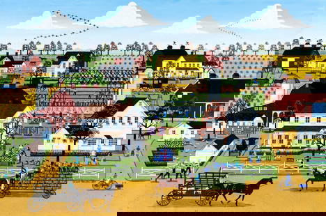 Carol Hamilton Offet (MI,UT,20/21C) acrylic painting: ARTIST: Carol Montel Hamilton Offet (Michigan, Utah, 20/21 centuries) TITLE: Amish Barn Raising (titled on stretcher) MEDIUM: acrylic on canvas CONDITION: Very good. No visible inpaint under UV