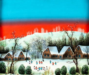 Marco Blasnavski (Polish,1920-?) oil painting: ARTIST: Marco Blasnavski (Poland, 1920 - ???) TITLE: Winter Village Scene MEDIUM: oil on canvas CONDITION: Overall good. No visible inpaint under UV light. Minor damages to frame. ART SIZE: 18 x 21