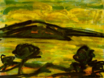 Evelyn Metzger (NY,Brazil,1911-2007) acrylic painting: ARTIST: Evelyn Borchard Metzger (New York, Brazilian, 1911 - 2007) TITLE: Landscape YEAR: 1963 MEDIUM: acrylic on board CONDITION: Some small scratches/paint losses mostly by the upper right
