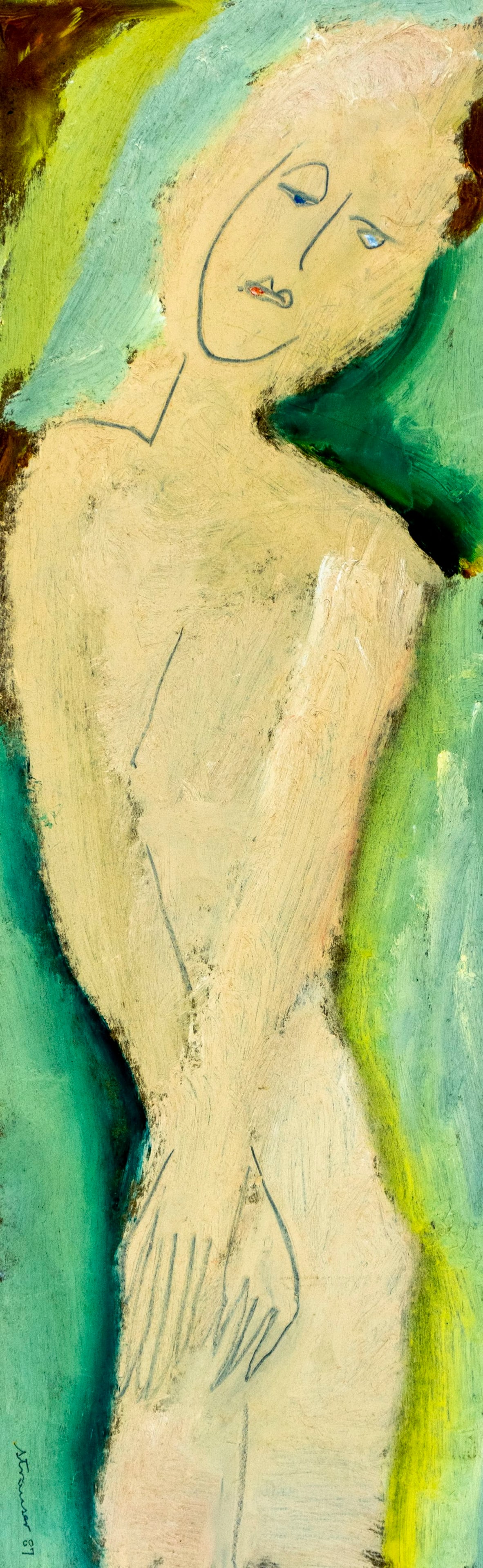 Sterling Strauser (PA,1907-1995) oil painting: ARTIST: Sterling Boyd Strauser (Pennsylvania, 1907 - 1995) TITLE: Nude YEAR: 1987 MEDIUM: oil on board CONDITION: Some scratches. Normal wear along edg