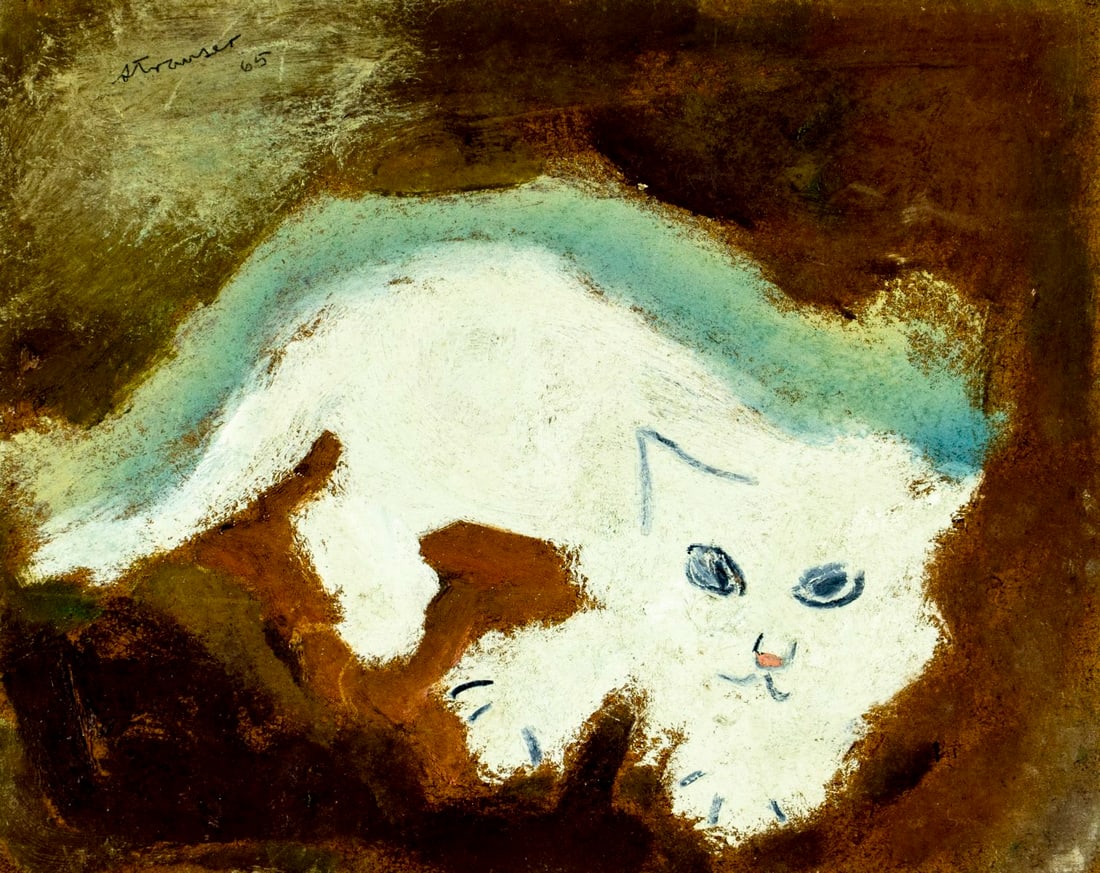 Sterling Strauser (PA,1907-1995) oil painting: ARTIST: Sterling Boyd Strauser (Pennsylvania, 1907 - 1995) TITLE: White Cat YEAR: 1965 MEDIUM: oil on board CONDITION: Some faint scratches mostly alon