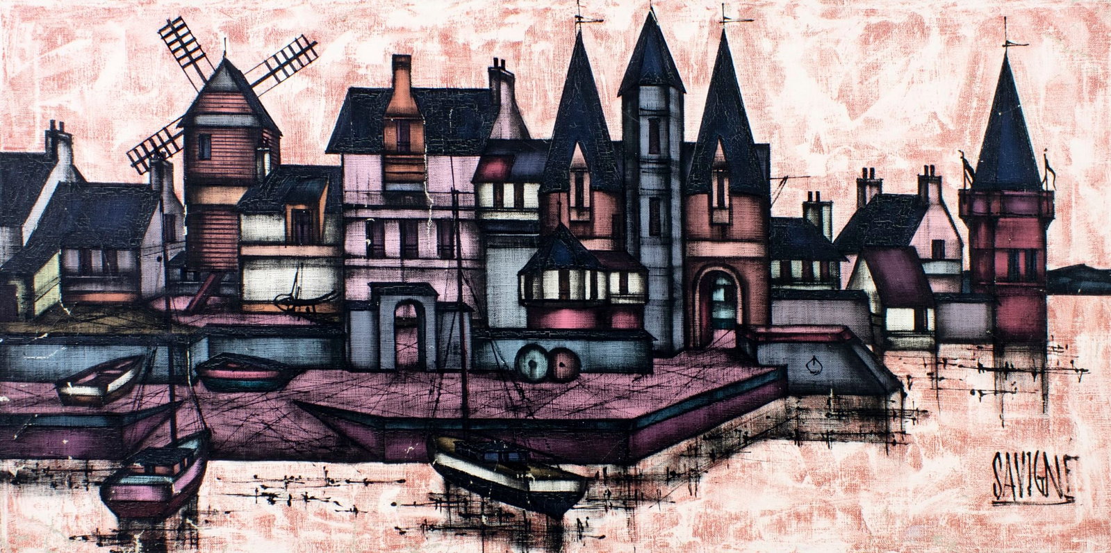 D H Savigne (France,20C) oil painting: ARTIST: D H Savigne (French, 20 century) TITLE: Canal Cityscape with Boats MEDIUM: oil on canvas CONDITION: Unstretched (In-House stretching available). Some flaking/paint l