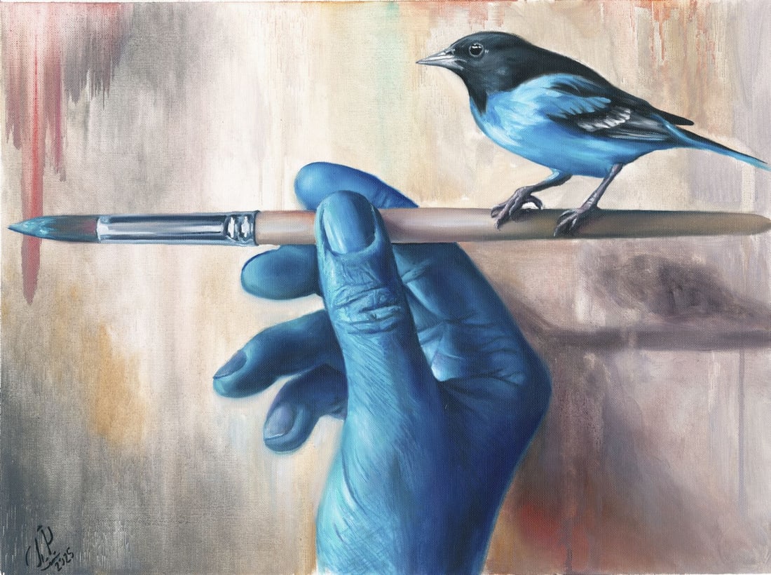 Ruslan Prokopchuk (Ukraine,20/21C) acrylic painting: ARTIST: Ruslan Prokopchuk (Ukrainian, 20/21 centuries) TITLE: Bird on the Brush MEDIUM: acrylic on heavy paper CONDITION: Very good. ART SIZE: 12 x 16 in