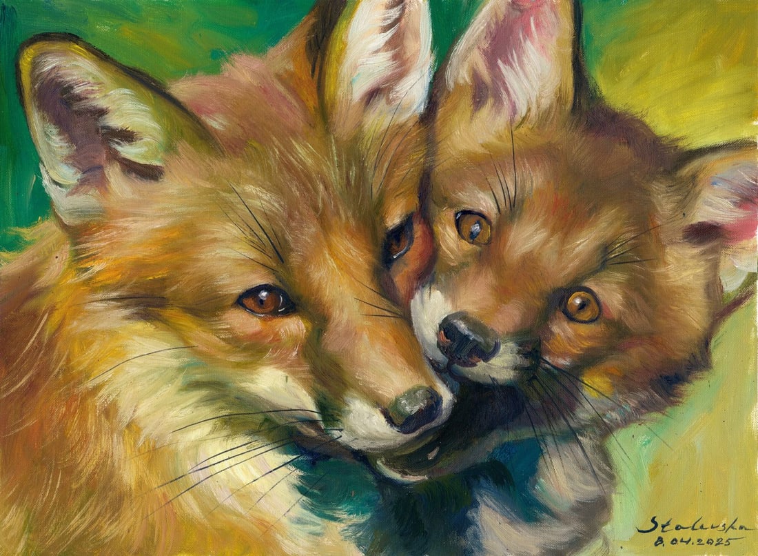 Antonina Stalevska (Ukraine,b 1998) oil painting: ARTIST: Antonina Stalevska (Ukrainian, born 1998) TITLE: Two Foxes MEDIUM: oil on heavy paper CONDITION: Very good. No visible inpaint under UV light. ART SIZE:</