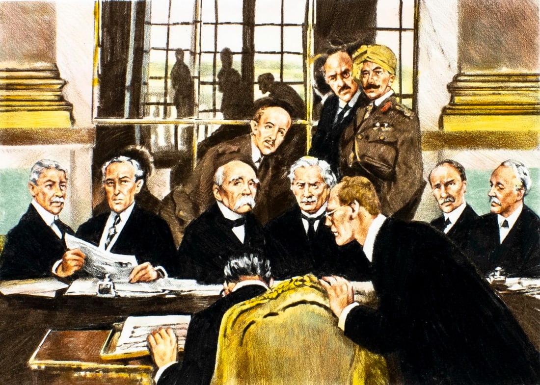 Paul Calle (CT,NY,1928-2010) colored pencil painting: ARTIST: Paul Calle (Connecticut, New York, 1928 - 2010) & Chris Calle (American, born 1961) TITLE: 1910s - Treaty of Versailles Sows - Seeds of Conflict and War, France (titled on verso) YEAR: